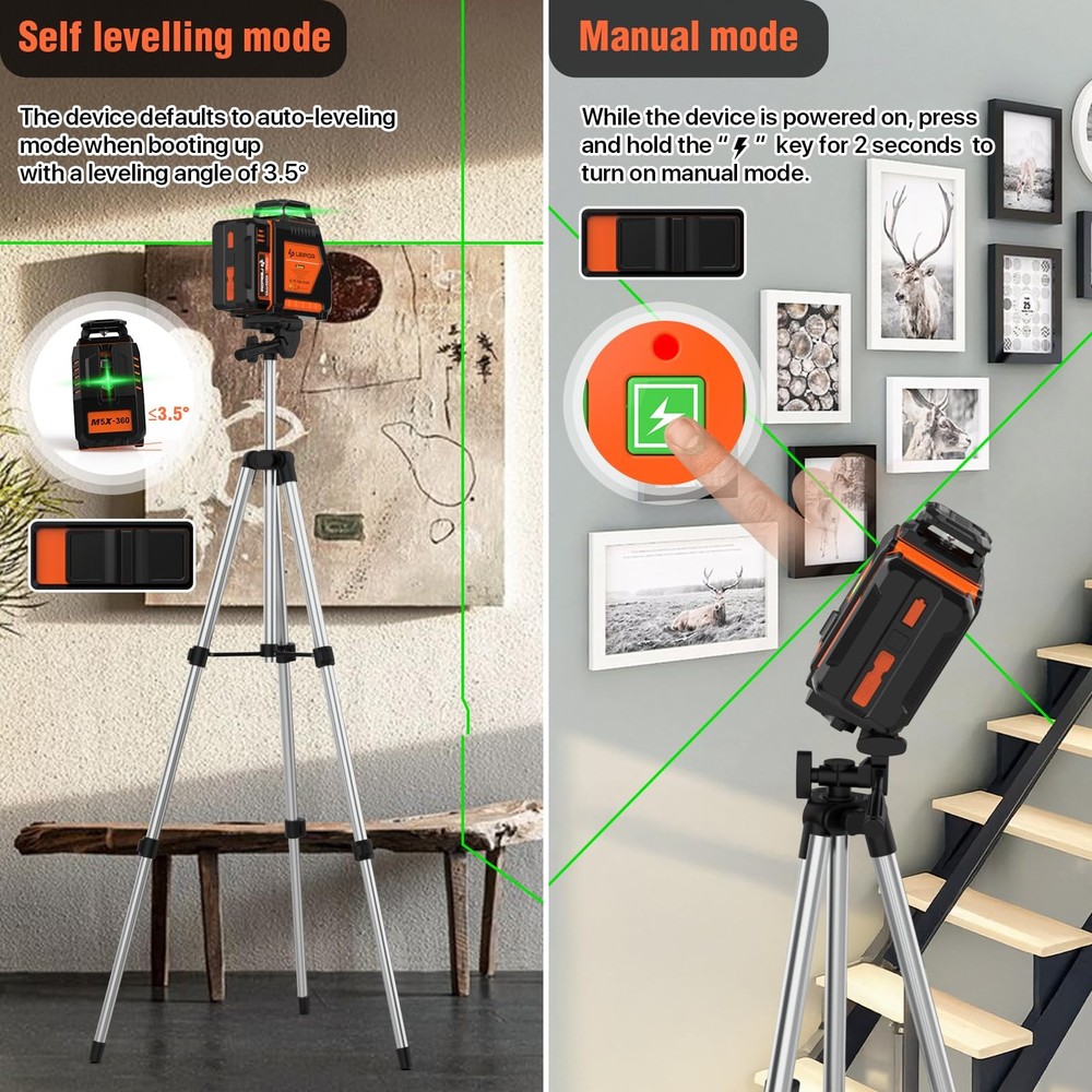360° Laser Level with Tripod, Self Leveling Laser Level with Pulse Mode 3 Levels