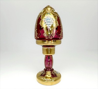 Vintage Czech Cranberry Glass Egg Votive Pedestal Raised Enamel Gilt Moser Style