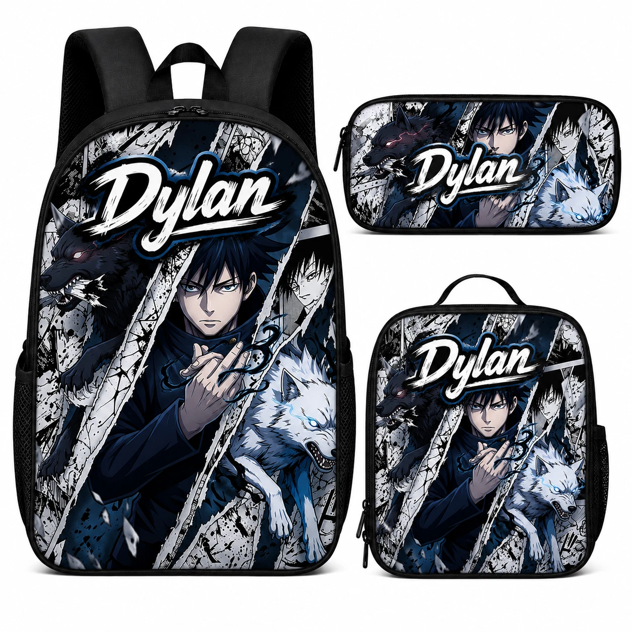 Personalized Wolf Blue School Backpack Lunch Bag Pencil Case 3PCS Set