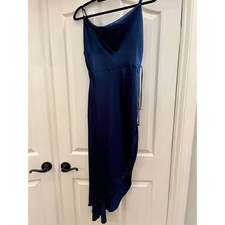 Fashion Nova Navy Blue Satin Cowl Neck Ruched Midi Dress NWT Size Large