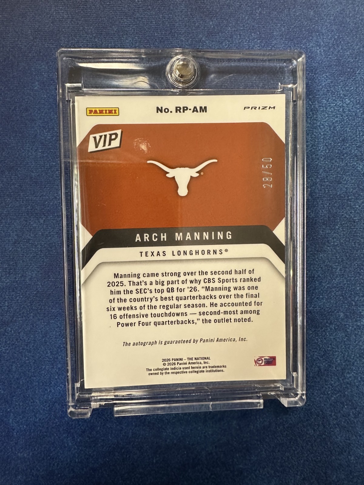 Arch Manning 2026 Panini National NSCC VIP Gold Rated Prospect Prizm Auto /50 view 2