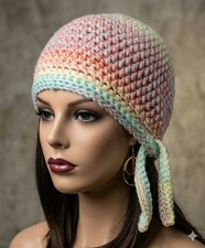 handmade crochet womans biker skull hat beanie chemo modern pastels new