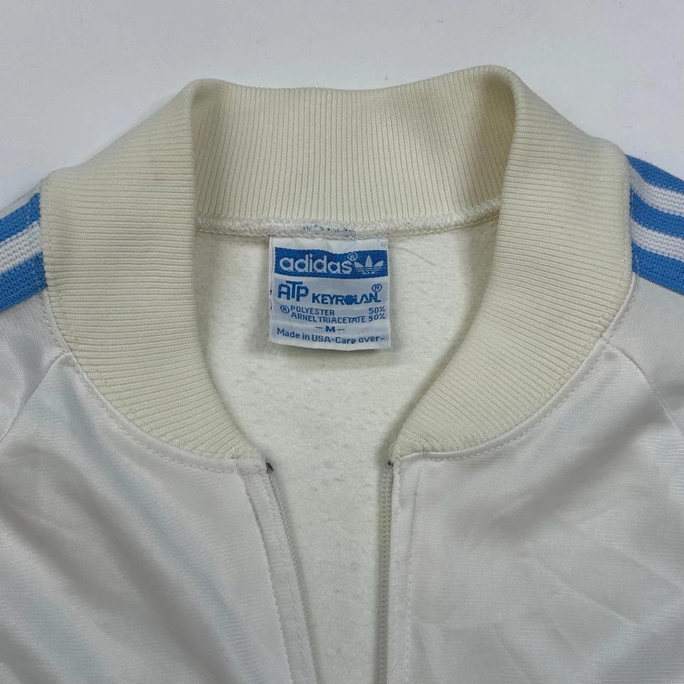 Vintage Adidas Track Jacket Medium White Blue ATP Keyrolan Full Zip Striped 80s - Image 4 of 4