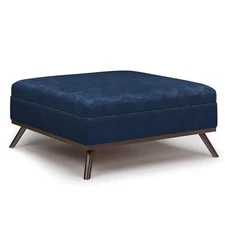 Pemberly Row Mid-Century 36" Faux Leather Ottoman in Distressed Blue