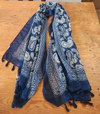 Women Long Scarf Shawl Wrap Blue Paisley Tassels Lightweight Coastal Beachy