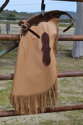 Tan Top Grain Leather Chinks / Chaps with Basket Tooled Yoke - Average Size