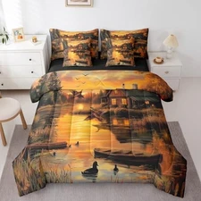 Mallard Duck Hunting Comforter Set,Rustic Farmhouse Style Queen Brown Orange