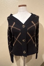 Ann Taylor Factory Women's Black Tan Plaid Knit V-Neck Button Cardigan XS