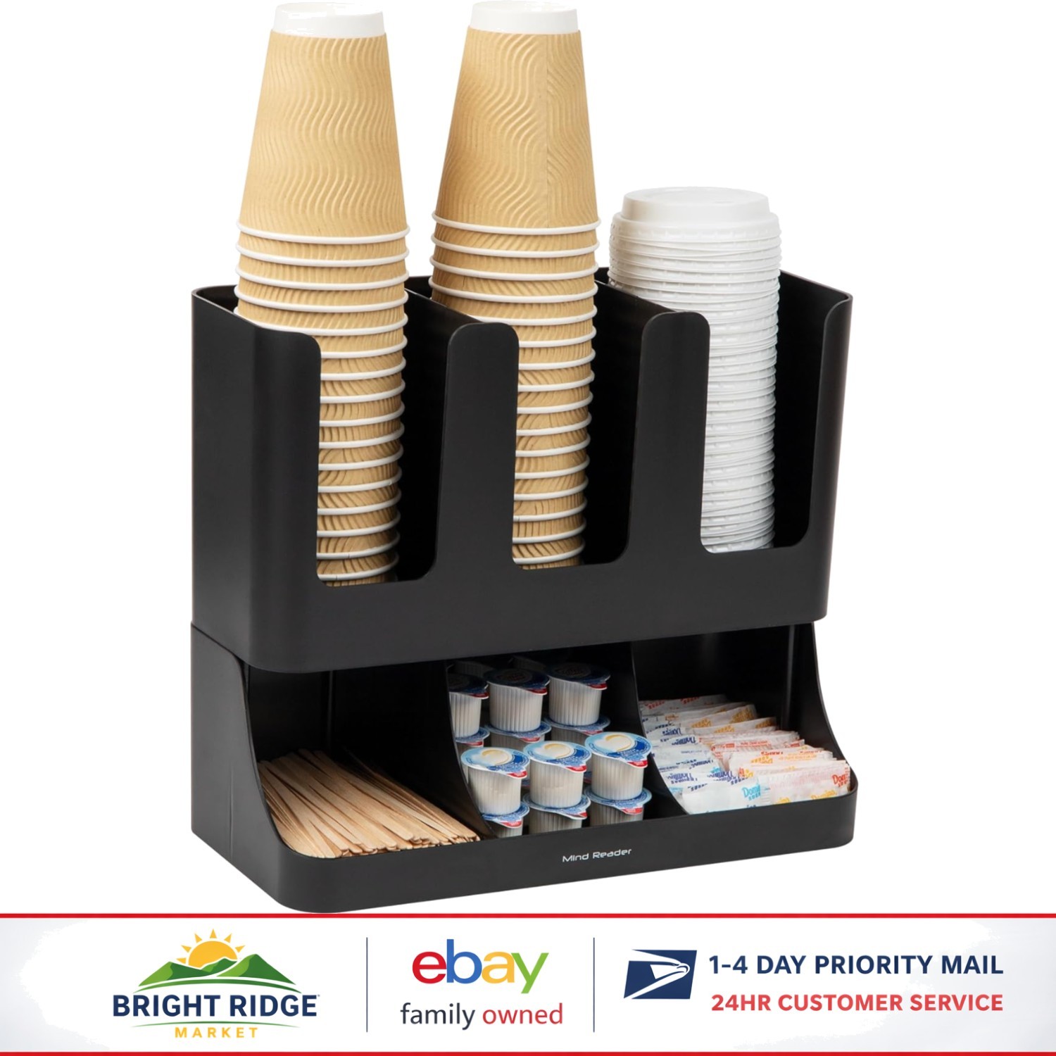 Organizador de barra de café de 13 pulgadas con almacenamiento de plástico duradero para tazas y tapas