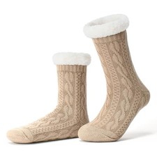 Women's Knit Slipper Socks with Non-slip Grippers, Warm Small-Medium Taupe