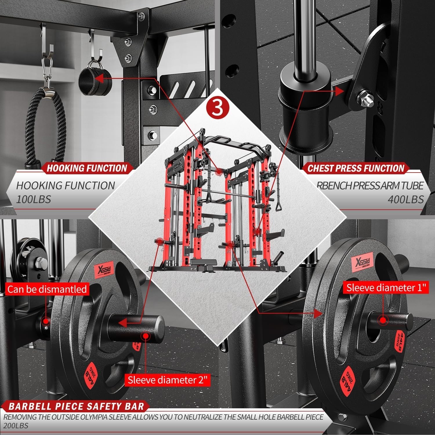 Smith Machine with Cable Crossover System, Multi-Function Power Cage ...