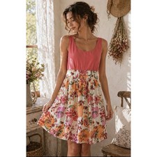 Pink Floral Dress Empire Waist Soft Girl Cottagecore Summer M Made in USA
