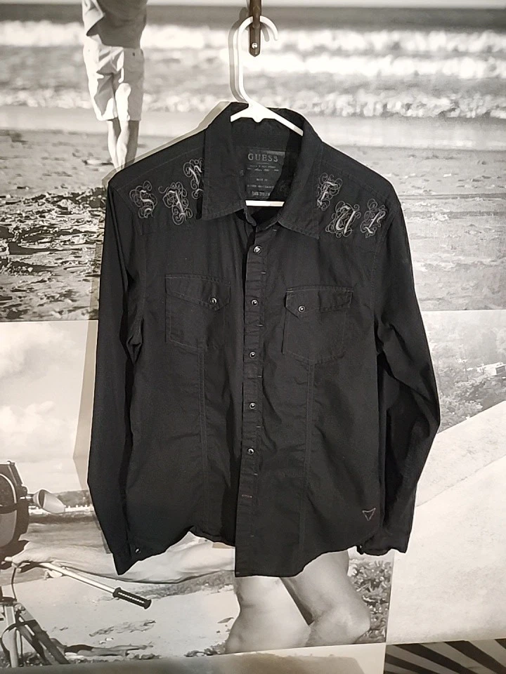 Camisa con botones Guess para hombre Western Pearl manga larga a presión negra - MEDIANA