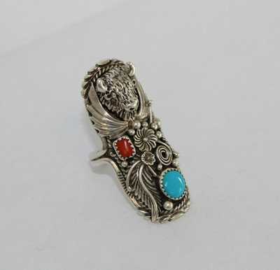 Handmade Navajo Sterling Turquoise & Coral Buffalo Motif Ring Sz: 9.25 [026WEA]
