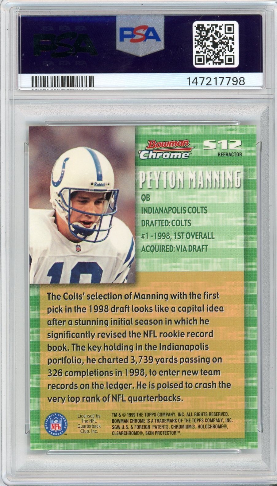 1999 Bowman Chrome Peyton Manning Stock In The Game Refractor #S12 PSA 8... view 2
