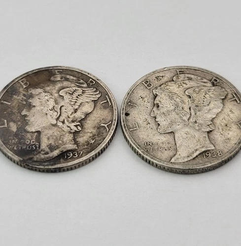 2 Mercury Dimes 90% Silver / 1937-D & 1938 / You Buy What You See