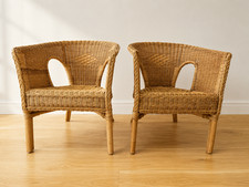 Pair Vintage Wicker Rattan Tub Armchairs Hand Woven Conservatory Lounge Chairs