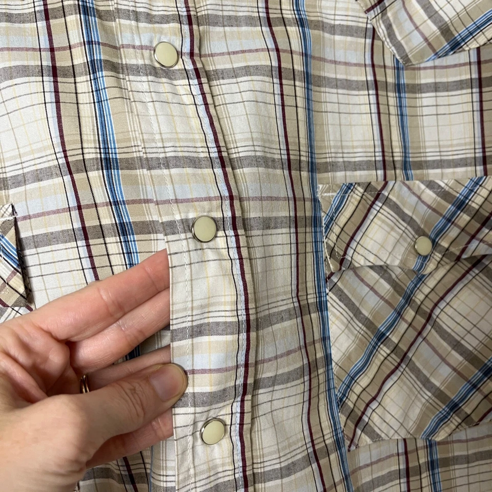 Camisa de hombre Steve & Barry's Western abotonada XL beige y azul a cuadros 100 % algodón Foto 4 de 4