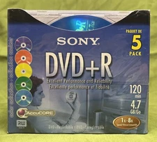 SONY Recordable Media DVD+R Colorful 120 MINUTE 4.7 GB - 5 PACK - NEW