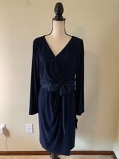 NWT CHAPS Women Size 16 Navy V Neck Long Sleeve Fit & Flare Dress