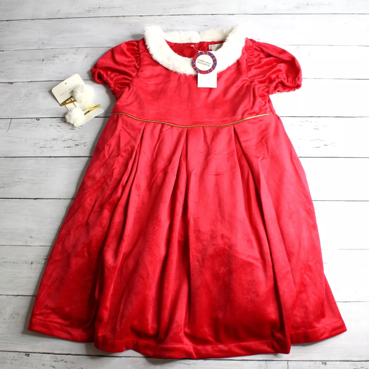 Max Studio Girl Red Velour Winter Dress Size 7 Faux Fur Holiday