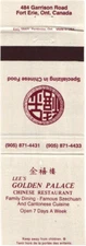 Fort Erie, Ontario Canada Golden Palace Restaurant Vintage Matchbook Cover