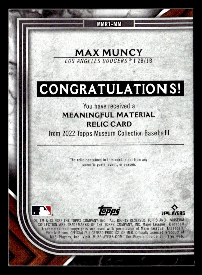 2022 Topps Museum Collection #MMR1-MM Max Muncy Meaningful Materials Gold /25 - Image 2 of 2