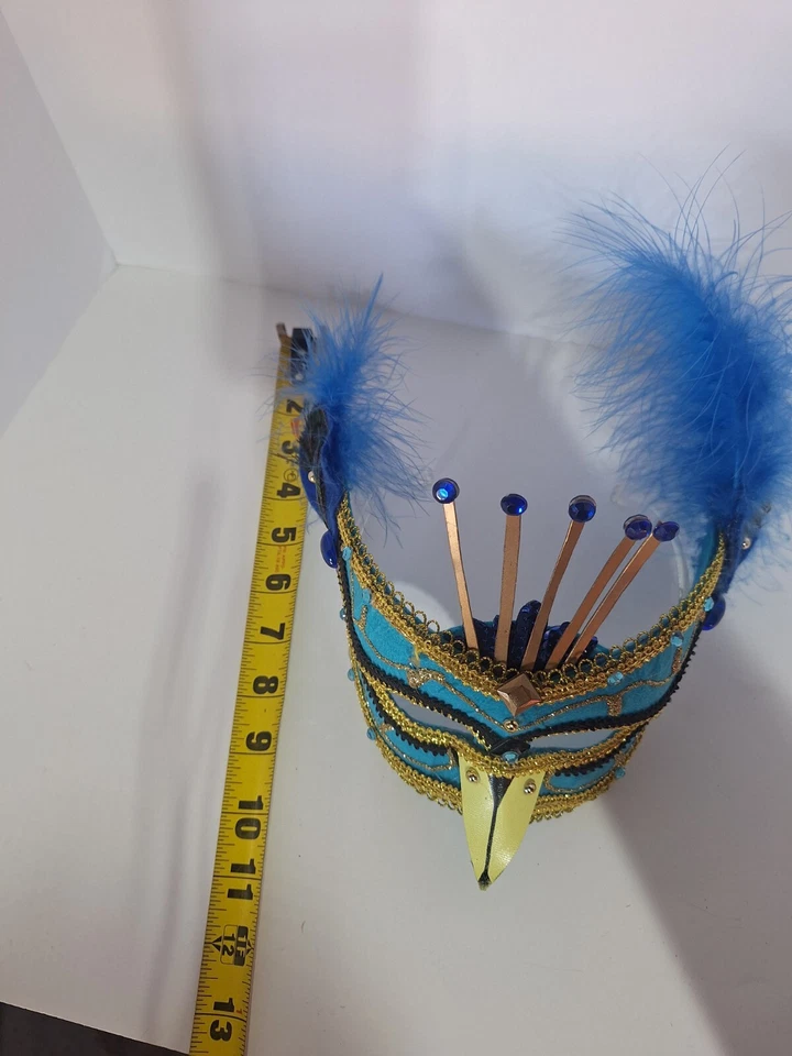 Blue and Gold Peacock Masquerade Mask with feathers missing 1 feather, easy fix - Image 3 of 4