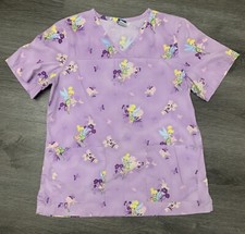 Disney Scrub Top TINKERBELL Fairy W/ Flowers Purple Womens Size Medium