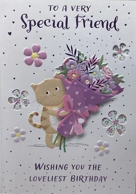 PRELUDE SPECIAL FRIEND BIRTHDAY CARD CUTE CAT FLOWERS 7”x5” FREE P&P