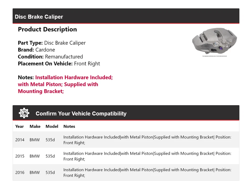 Pinza de freno de disco delantera derecha Cardone 2015 para BMW 535d 2014-2016 Foto 2 de 4