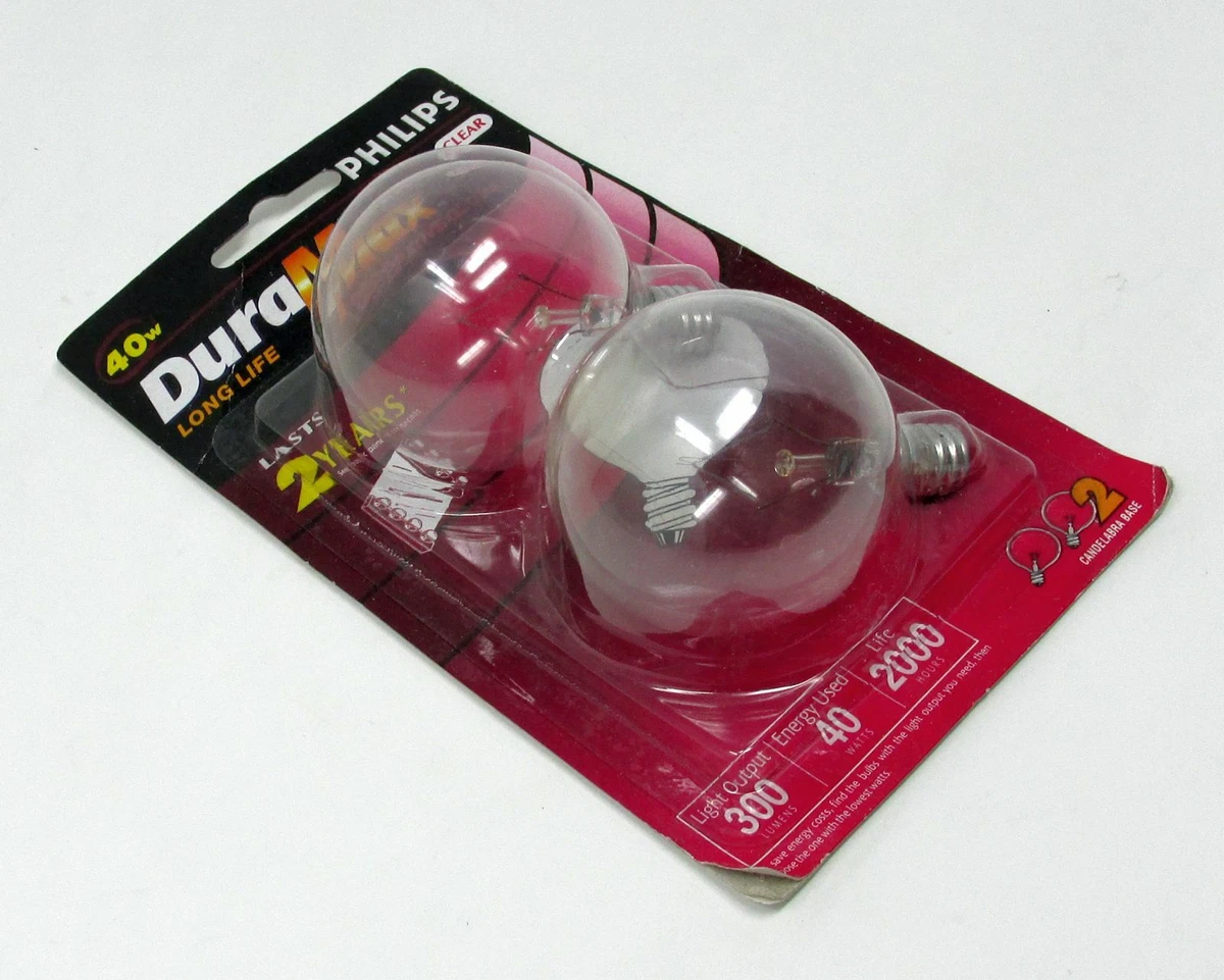 Philips DuraMax 40 Watt Clear Globe Light Bulb Candelabra G16.5 pack of 2 bulbs