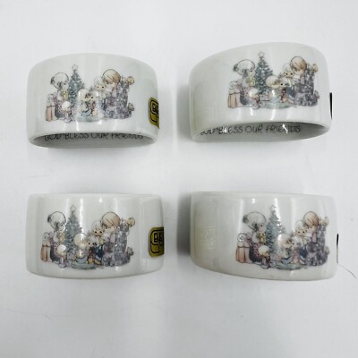 Set 4 Precious Moments Christmas God Bless Porcelain Napkin Rings 1987 Butcher