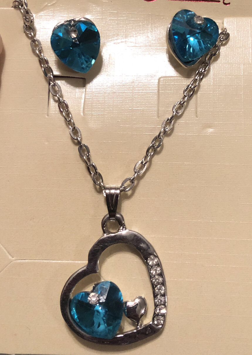 Teal Blue Crystal Heart Pendant Earrings and Silver Necklace Gift Set-image