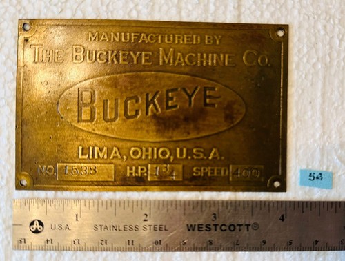 Brass Tag Name Plate 134HP THE BUCKEYE MACHINE CO. Lima, Ohio No. 1538 - Afbeelding 1 van 7