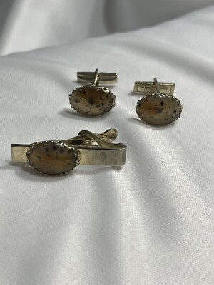 Black Speckled White Agate Quality Vintage Cuff Links And Matching Tie Clip