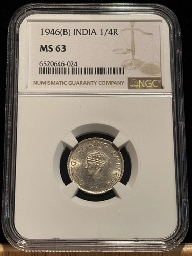 INDIA 1/4 Quarter Rupee 1946 (B), British / KGVI, NGC MS 63, Ch UNC / BU. K6
