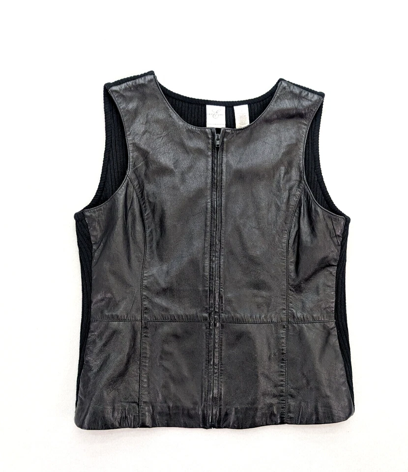 Chaleco de cuero para mujer Emma James talla pequeña suéter negro espalda cremallera completa Foto 2 de 4