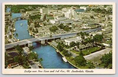 1961 Ft Lauderdale Florida New River & 3rd Ave Bridge Aerial Chrome Postcard