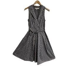 Evan Picone Women's 10 Gray White Polka Dot Dress Belted Sleeveless Collar Zip