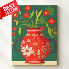Vibrant Bold Ornate Red Canvas Vase Folk Inspired Decorative Brighten Wall Art