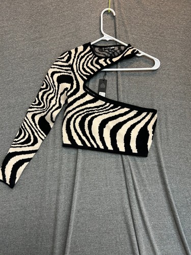 Maglione donna moda Nova Olivia cut out crop L beige nero zebrato monospalla - Foto 1 di 8