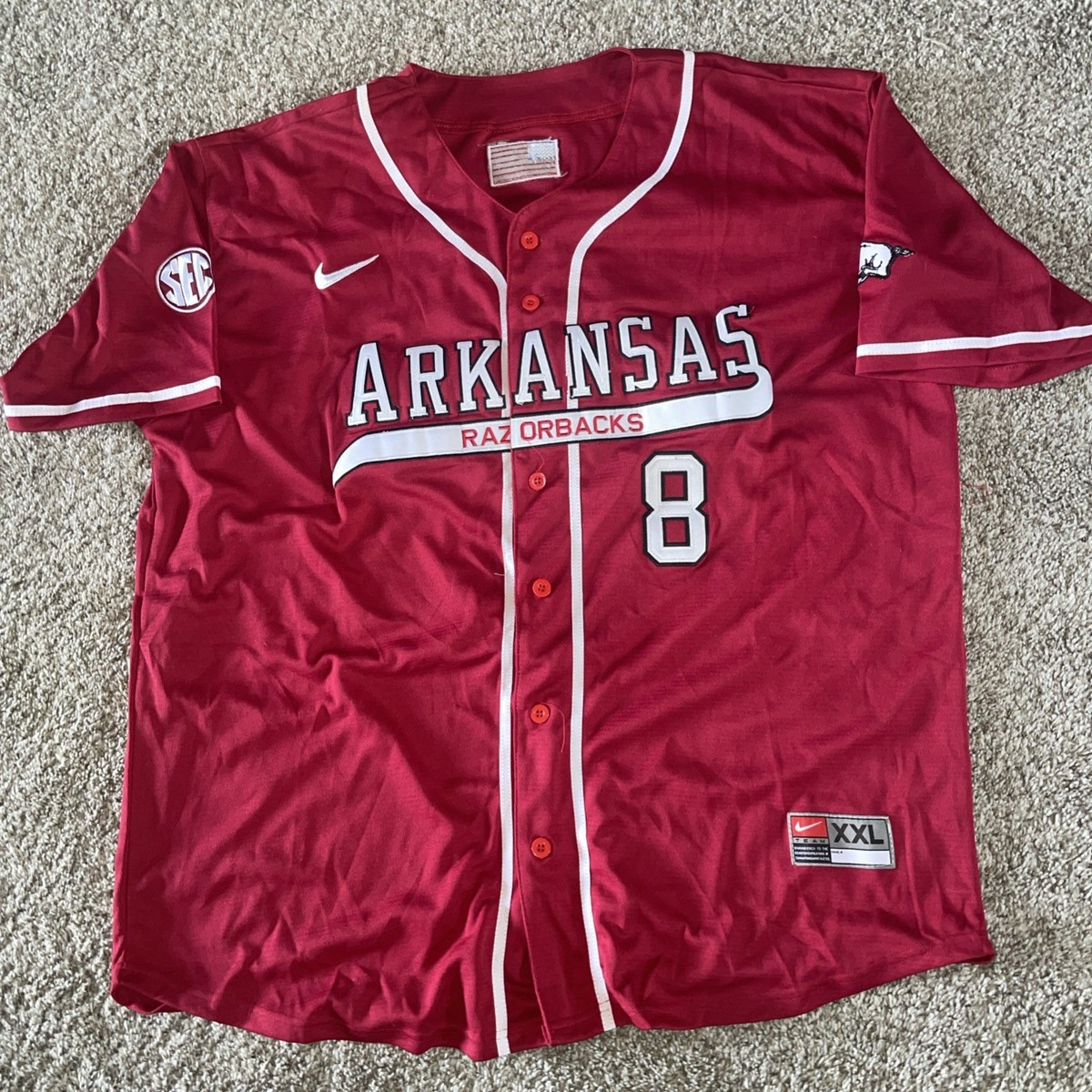 Nike XXL Arkansas Razorbacks Baseball Jersey Hudson White #8 DRI