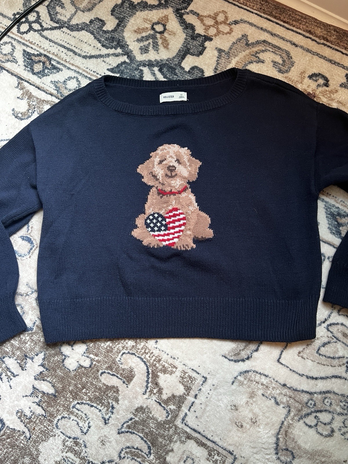 Hollister Navy Blue Dog with American Flag Heart Sweater Women's Size XS
