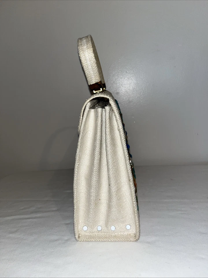 Elegante bolsa de mão com miçangas, linho, estilo Hermes vintage - Imagem 3 de 4