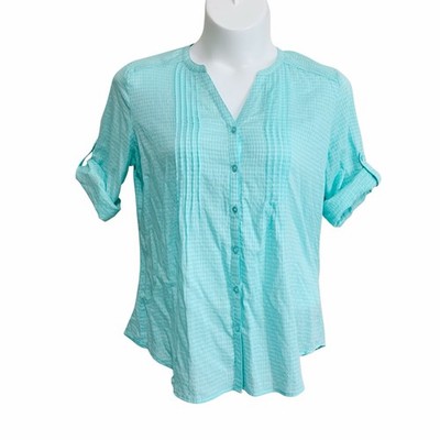 Bit & Bridle Blouse Women's Large Aqua Gingham V-Neck Roll-Tab Sleeve Button-Up