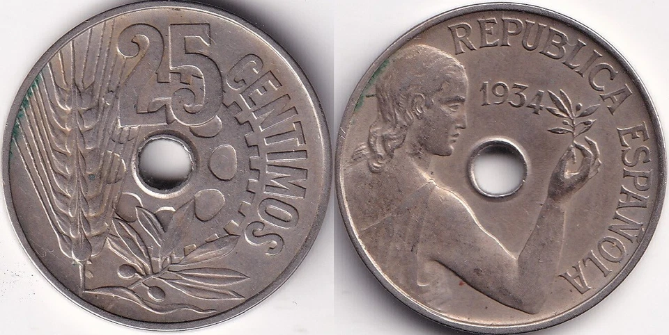 25 Centimos 1934 Espagne Spain Femme tenant branche d'olivier - Monnaie trouée - Photo 1/1