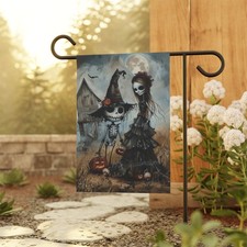 Halloween Garden Banner, Spooky Decoration, Witch  Skeleton Flag, Autumn