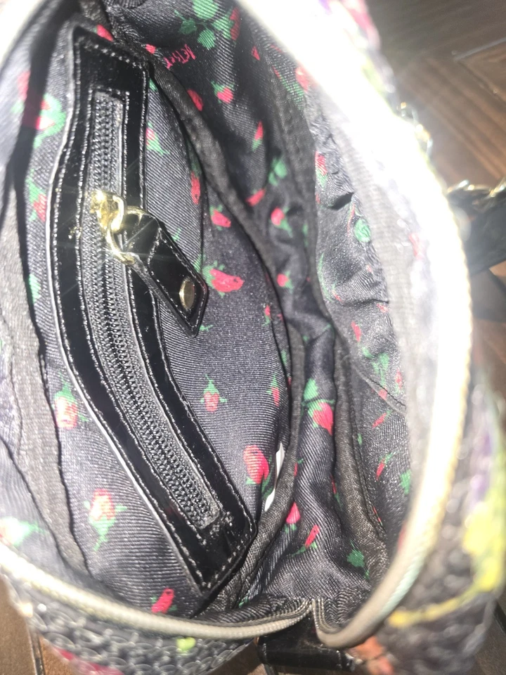 Betsey Johnson Heart Shaped Crossbody Bag Sequins Butterflies Chain Strap - Image 3 of 4