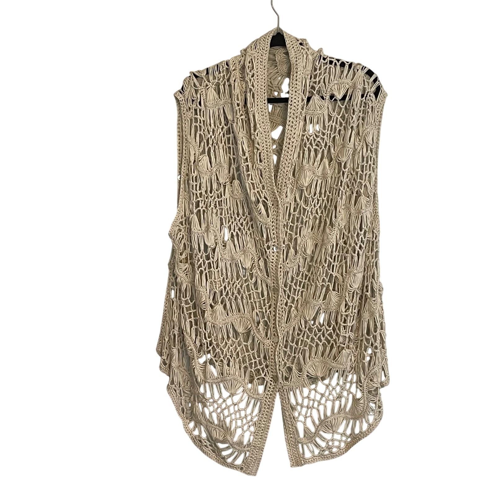 Chaleco Largo Dobladillo e Hilo Crema Macramé Crochet Botón Frontal Talla Única Boho Festival
